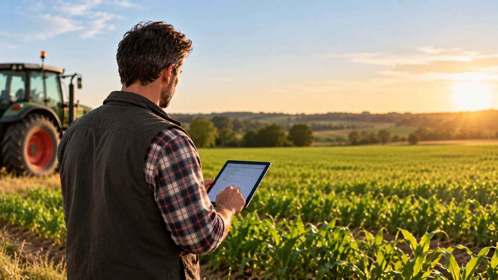 Agriculteur observant ses cultures au coucher du soleil-1